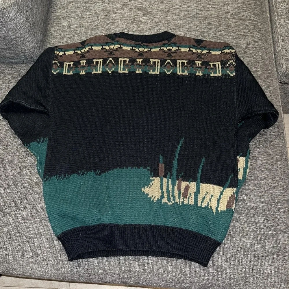 Vintage Duxbak Sweater Mens XL Black Green Fisherman Graphic Knit Outdoors